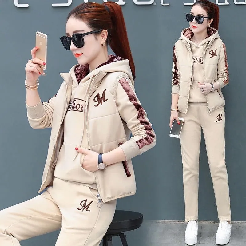 3 Piece Set Women Suit Tracksuit Winter Hoodies Vest Pants Track Suit Plus Velvet Warm Sporting Women Suits Female Clothes