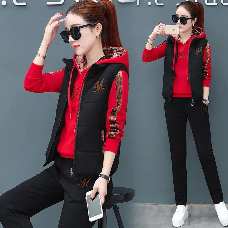 3 Piece Set Women Suit Tracksuit Winter Hoodies Vest Pants Track Suit Plus Velvet Warm Sporting Women Suits Female Clothes