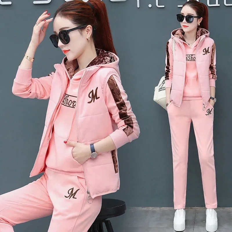 3 Piece Set Women Suit Tracksuit Winter Hoodies Vest Pants Track Suit Plus Velvet Warm Sporting Women Suits Female Clothes