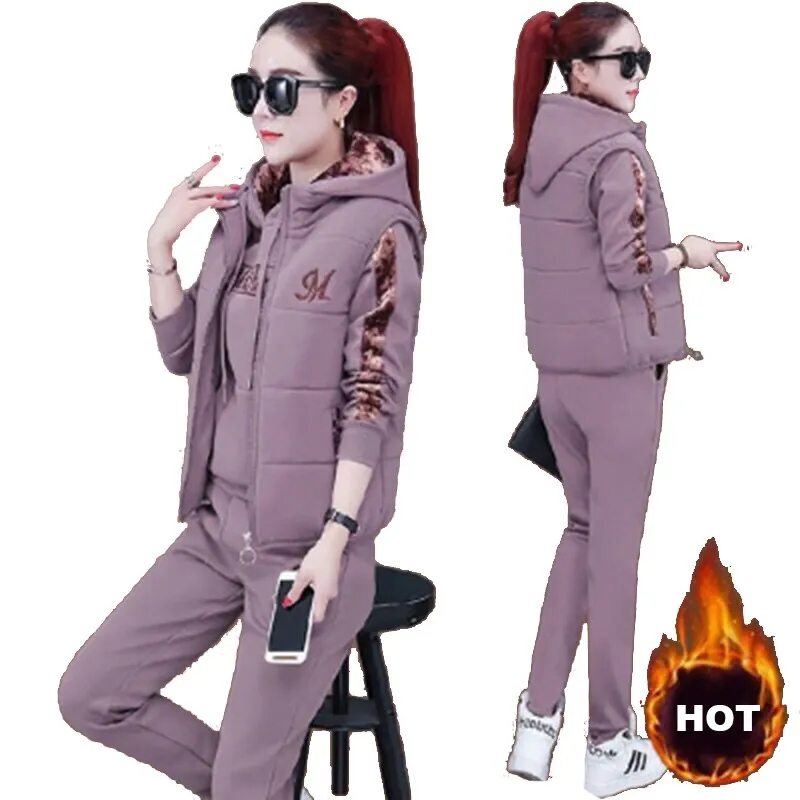 3 Piece Set Women Suit Tracksuit Winter Hoodies Vest Pants Track Suit Plus Velvet Warm Sporting Women Suits Female Clothes