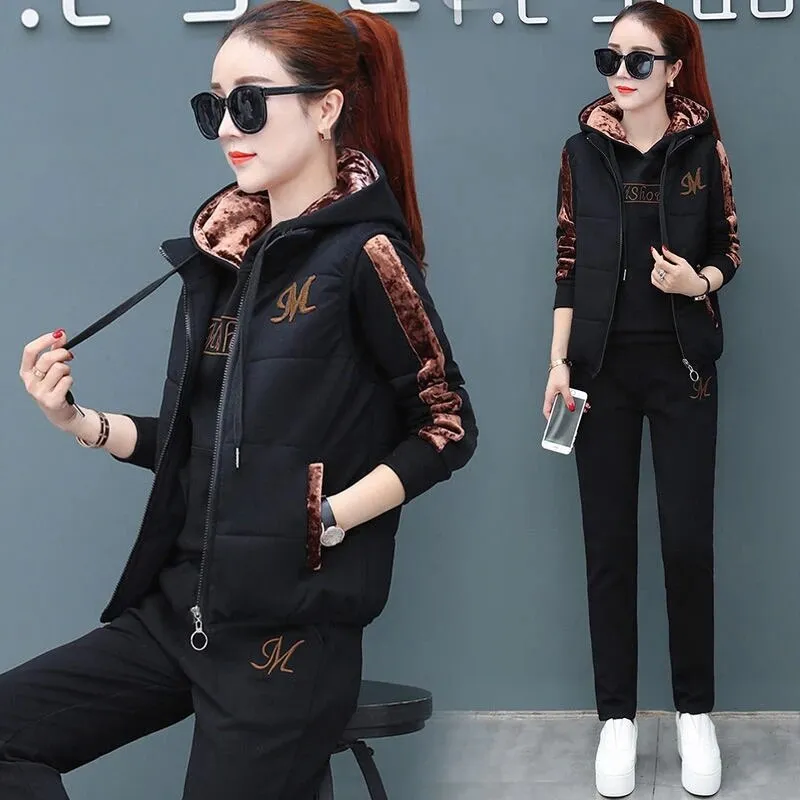 3 Piece Set Women Suit Tracksuit Winter Hoodies Vest Pants Track Suit Plus Velvet Warm Sporting Women Suits Female Clothes