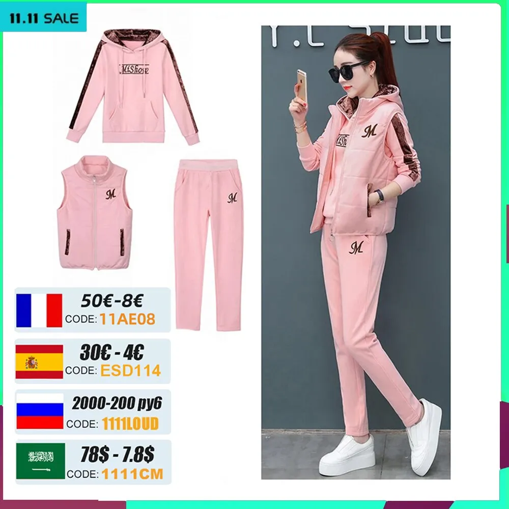3 Piece Set Women Suit Tracksuit Winter Hoodies Vest Pants Track Suit Plus Velvet Warm Sporting Women Suits Female Clothes