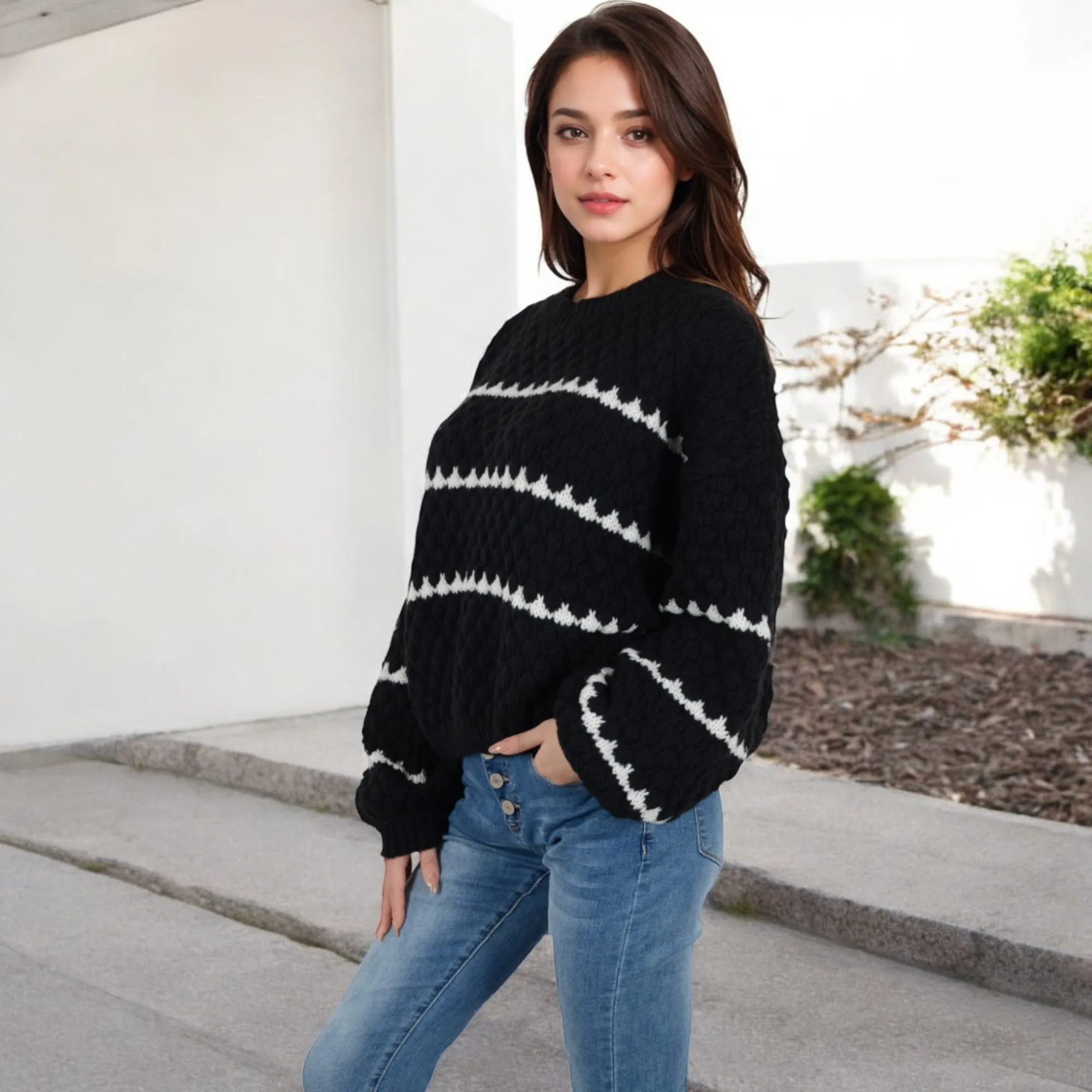 Anna-Kaci Women's Oversized Cable Knit Sweater with Contrast Stripes