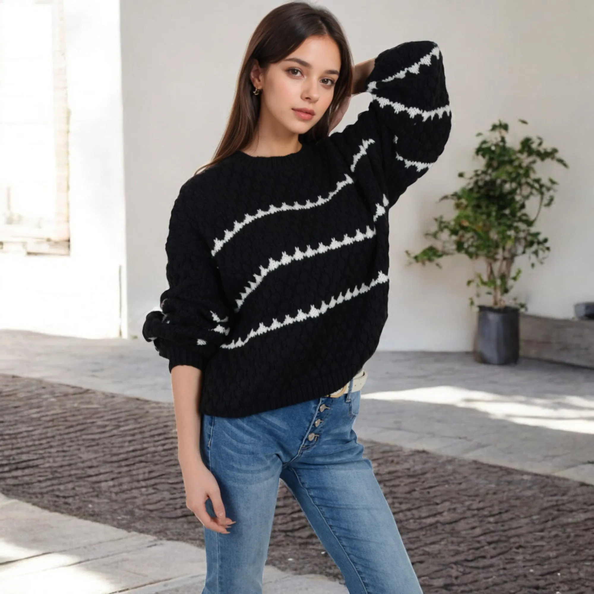 Anna-Kaci Women's Oversized Cable Knit Sweater with Contrast Stripes