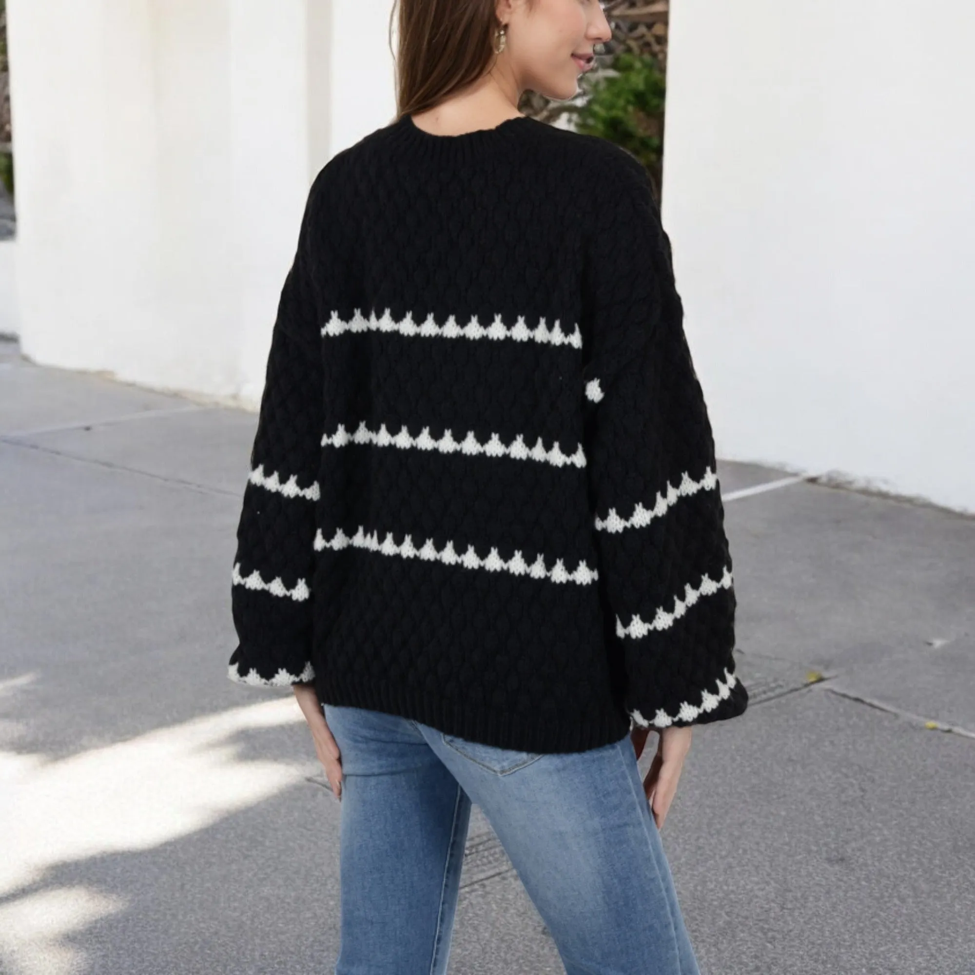 Anna-Kaci Women's Oversized Cable Knit Sweater with Contrast Stripes
