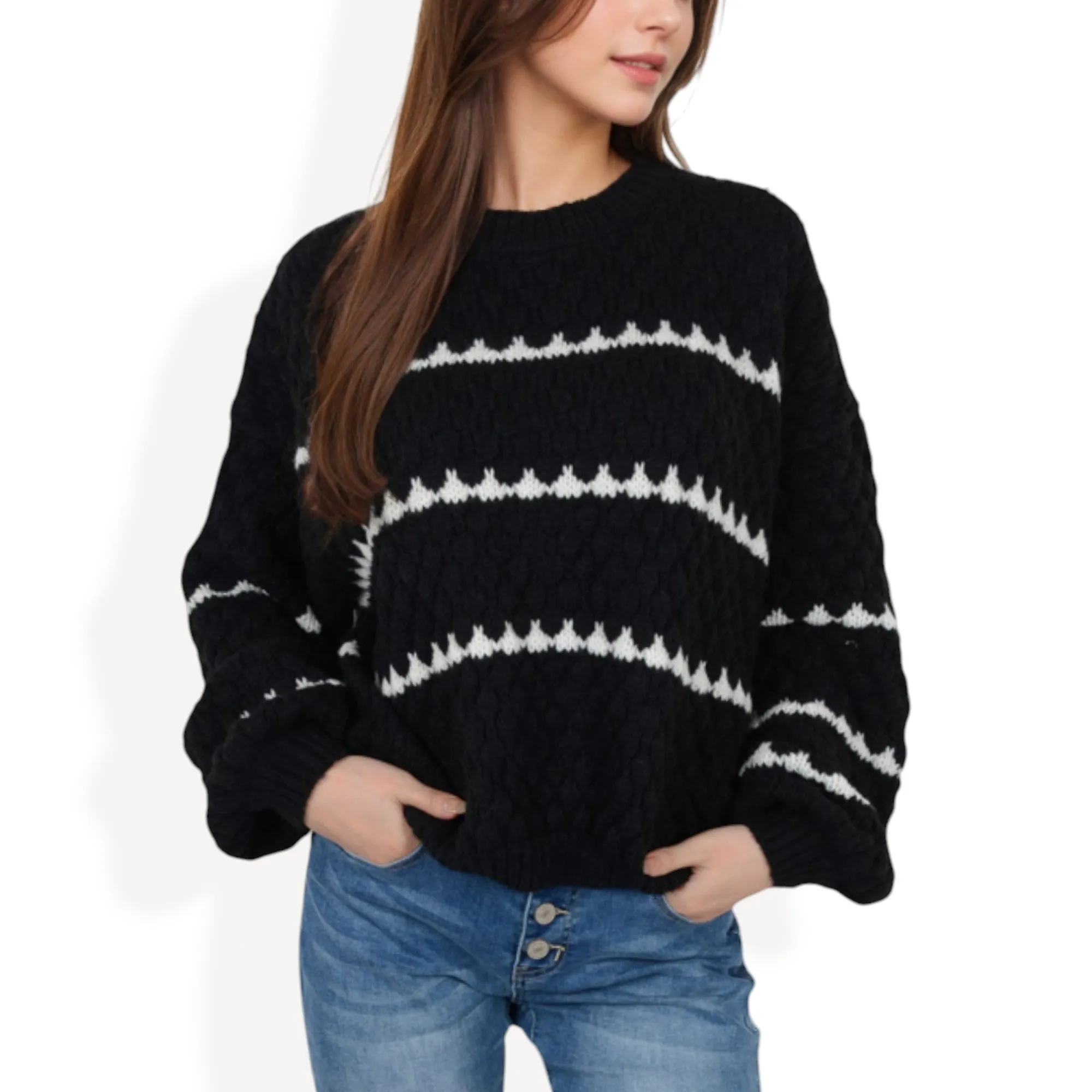 Anna-Kaci Women's Oversized Cable Knit Sweater with Contrast Stripes