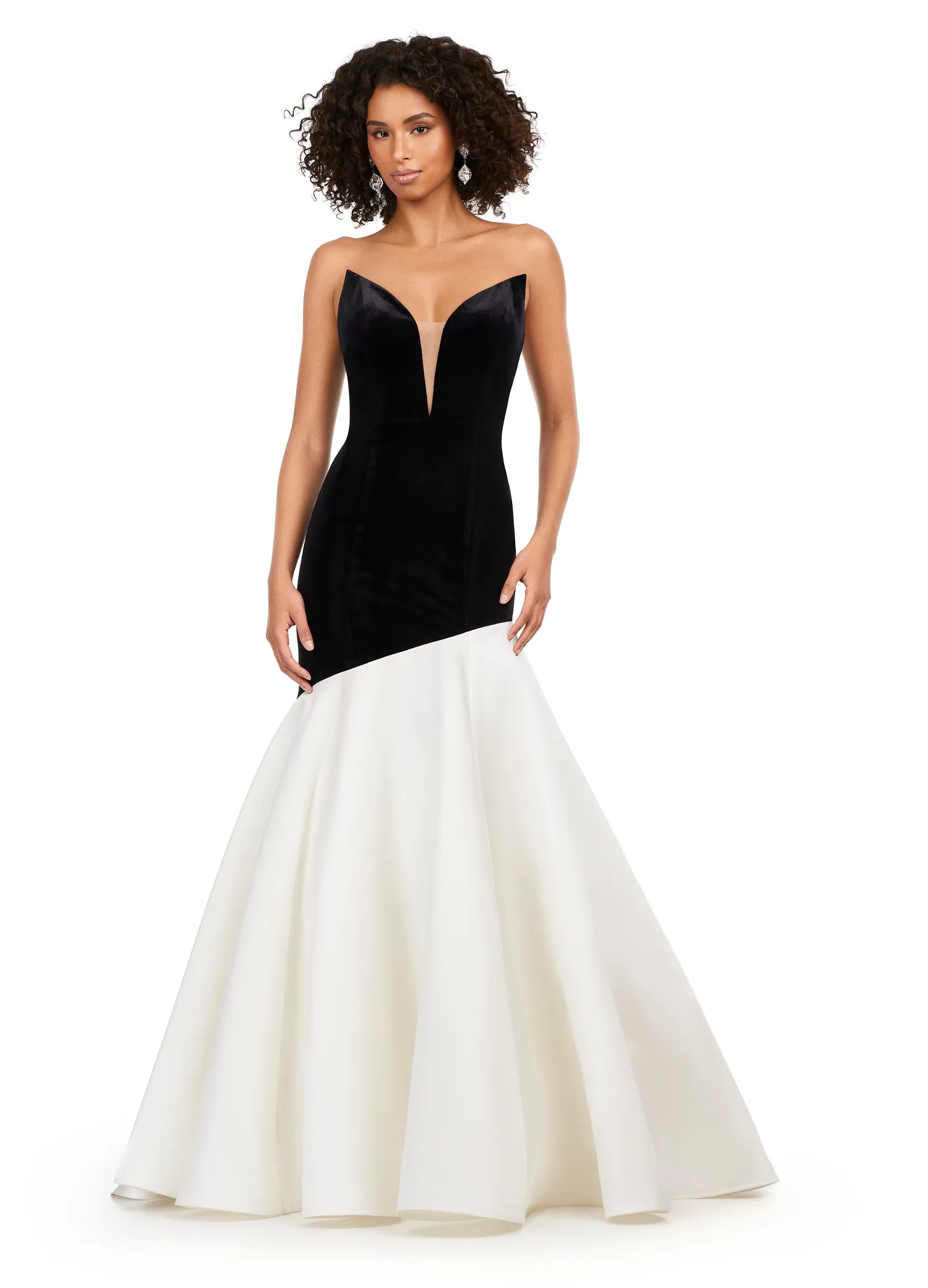 Ashley Lauren 11264 Strapless Velvet Heavy Satin Asymmetrical Flare Skirt V-Neck Mermaid Formal Gown