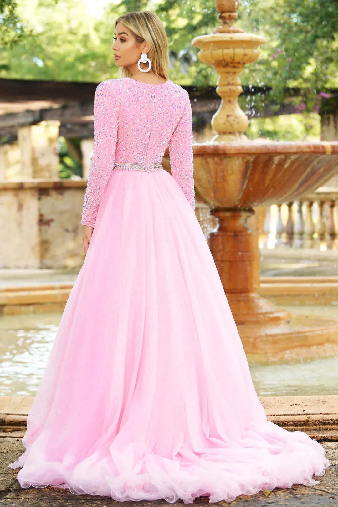 Ava Presley 38332 Size 2 Pink Long Sleeve Velvet Sequin Shimmer A Line Ballgown Prom Dress Pageant Gown