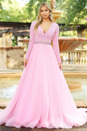Ava Presley 38332 Size 2 Pink Long Sleeve Velvet Sequin Shimmer A Line Ballgown Prom Dress Pageant Gown