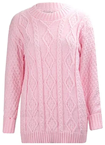 Baby Pink Ladies Womens New Chunky Diamond Cable Knitted Long Sleeve Sweater Pull Over Jumper Top - Red Olives