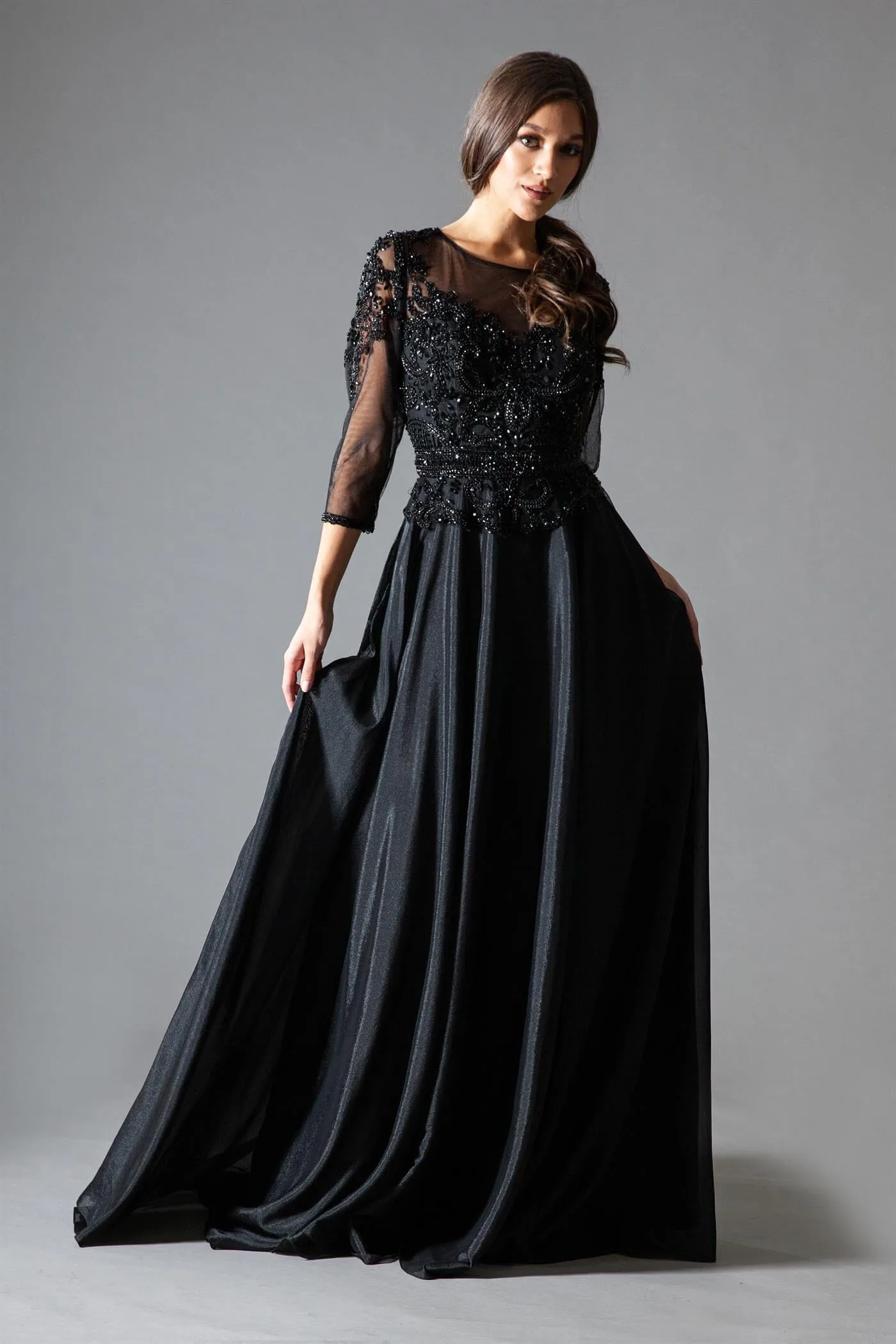 Beaded 3/4 Sleeve Velvet Chiffon Gown by Amelia Couture 7041