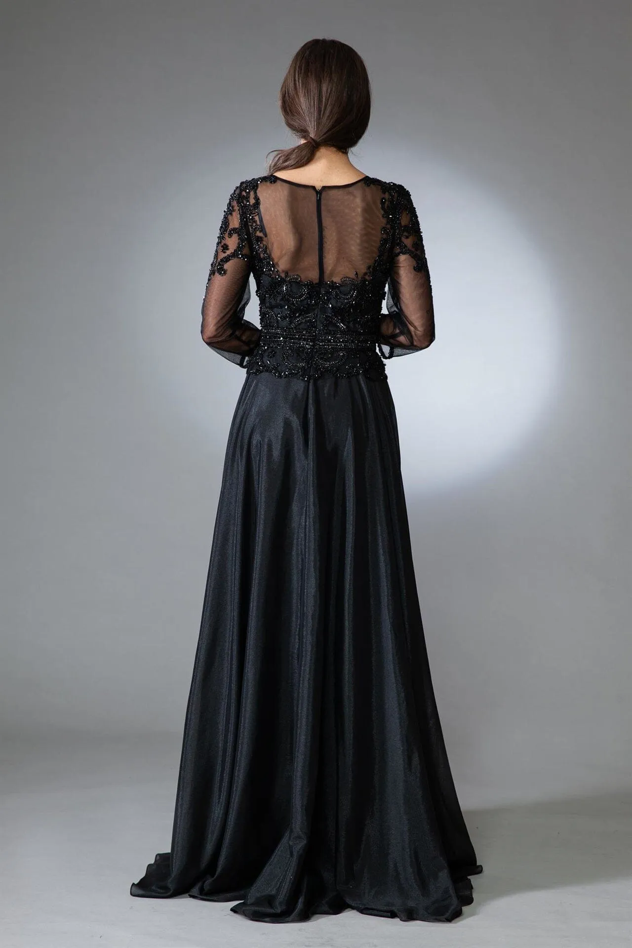 Beaded 3/4 Sleeve Velvet Chiffon Gown by Amelia Couture 7041