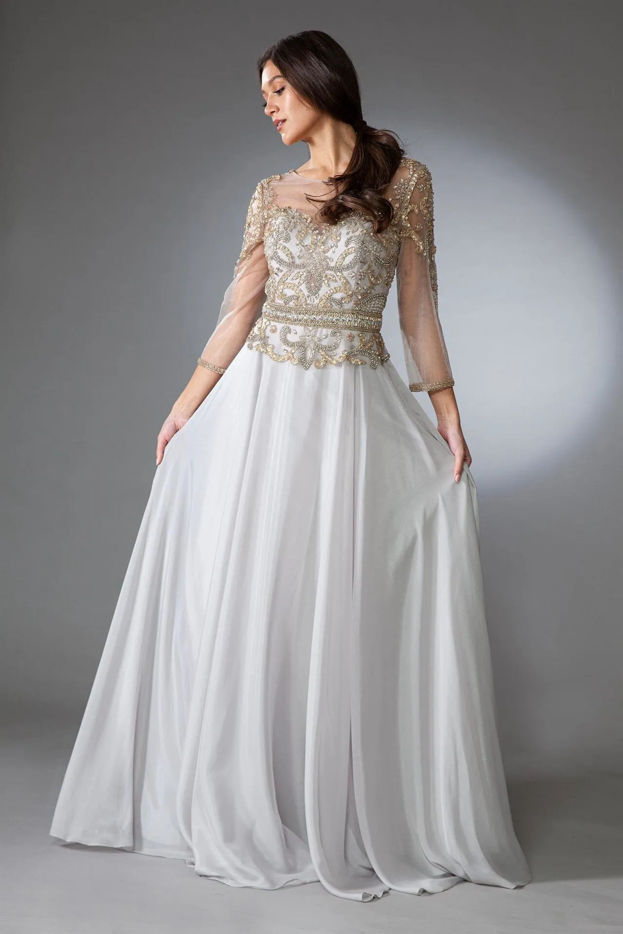 Beaded 3/4 Sleeve Velvet Chiffon Gown by Amelia Couture 7041