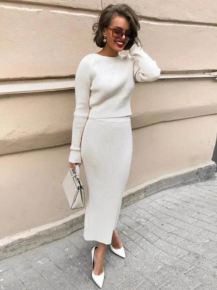 BerriesJam - Long Sleeve Cropped Tops Knitted Slim Maxi Dress Set