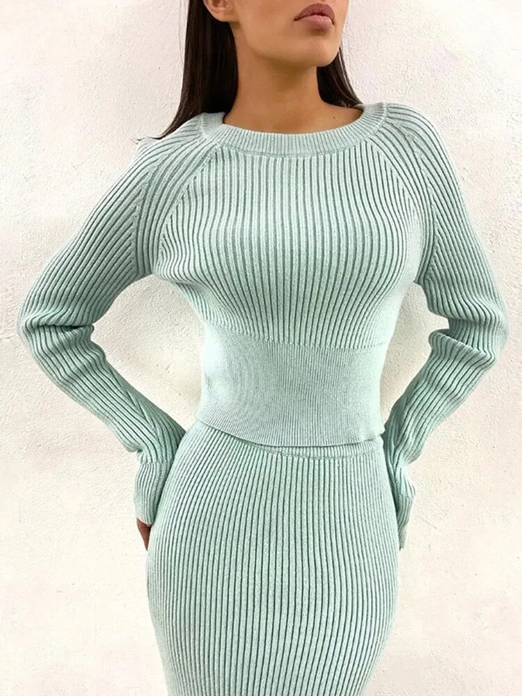 BerriesJam - Long Sleeve Cropped Tops Knitted Slim Maxi Dress Set