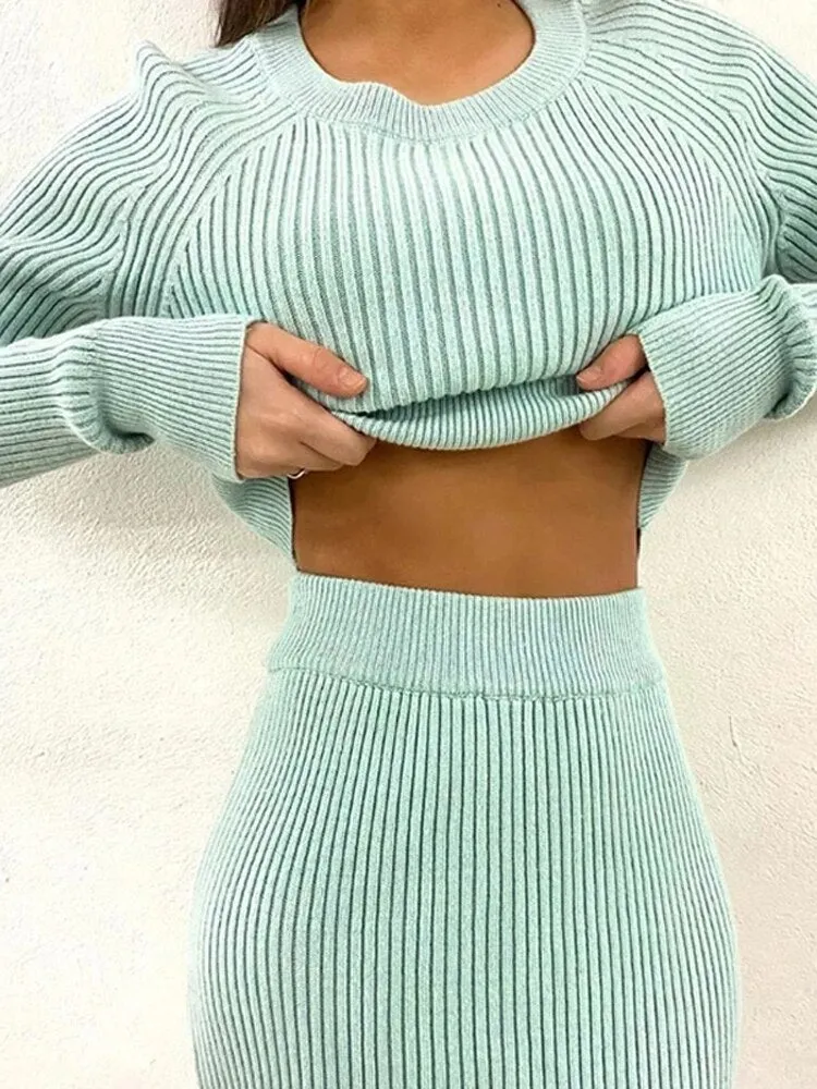 BerriesJam - Long Sleeve Cropped Tops Knitted Slim Maxi Dress Set