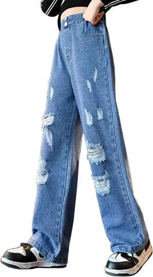 Big Girls Baggy Jeans Casual Patchwork Denim Jeans Elastic Wasit Wide Leg Ripped Pants Bell Bottoms for 4-14 Years