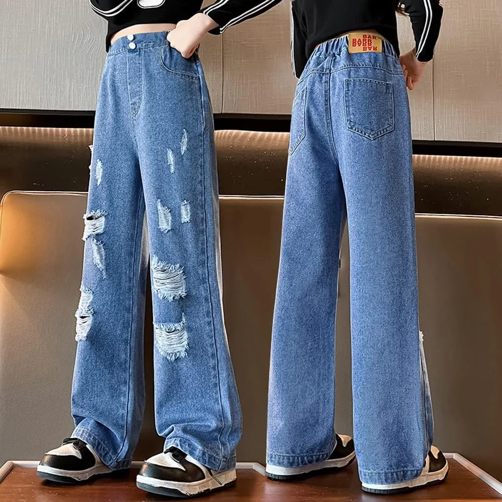 Big Girls Baggy Jeans Casual Patchwork Denim Jeans Elastic Wasit Wide Leg Ripped Pants Bell Bottoms for 4-14 Years