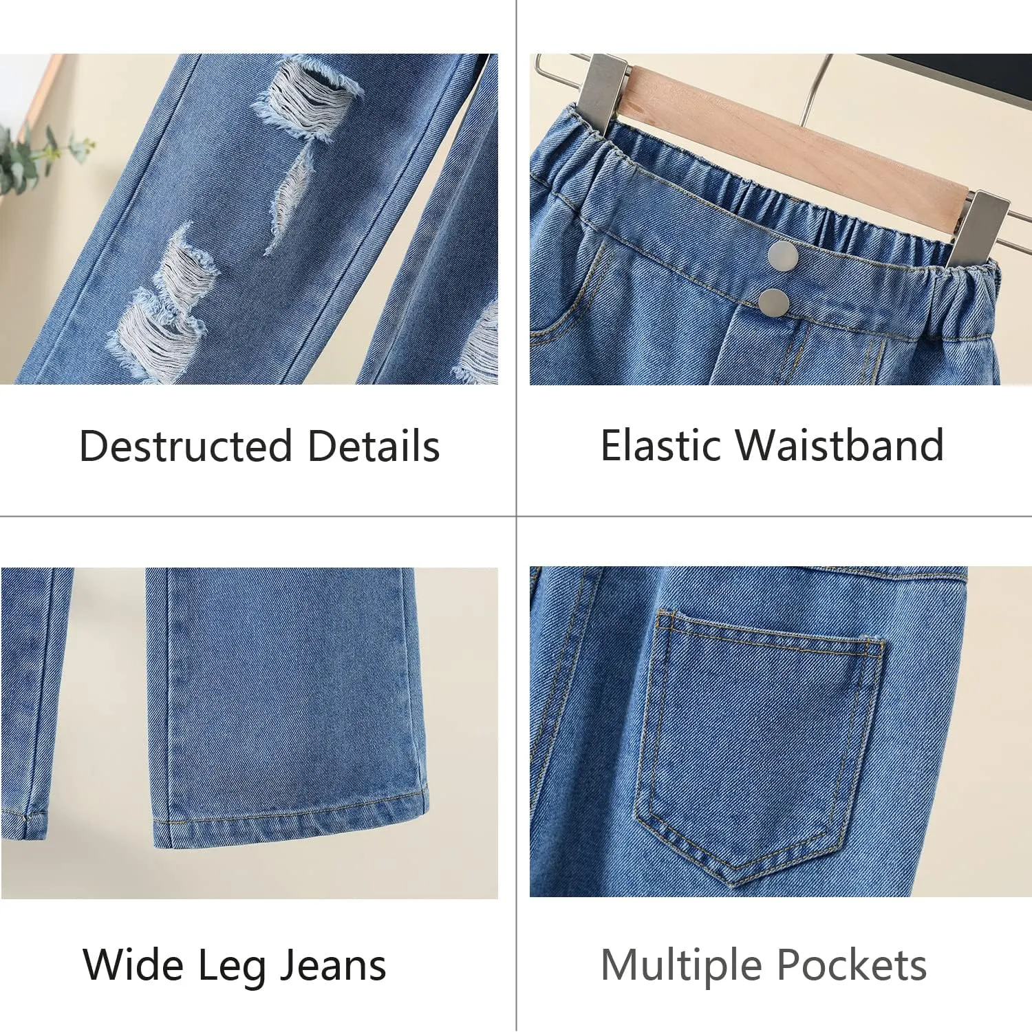 Big Girls Baggy Jeans Casual Patchwork Denim Jeans Elastic Wasit Wide Leg Ripped Pants Bell Bottoms for 4-14 Years
