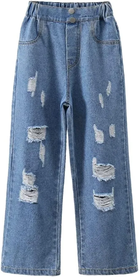 Big Girls Baggy Jeans Casual Patchwork Denim Jeans Elastic Wasit Wide Leg Ripped Pants Bell Bottoms for 4-14 Years