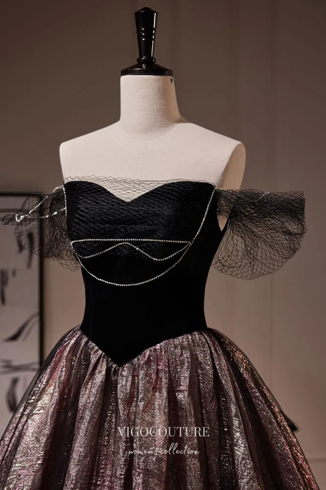 Black Jacquard Satin Prom Dresses Off the Shoulder Evening Dress 22388