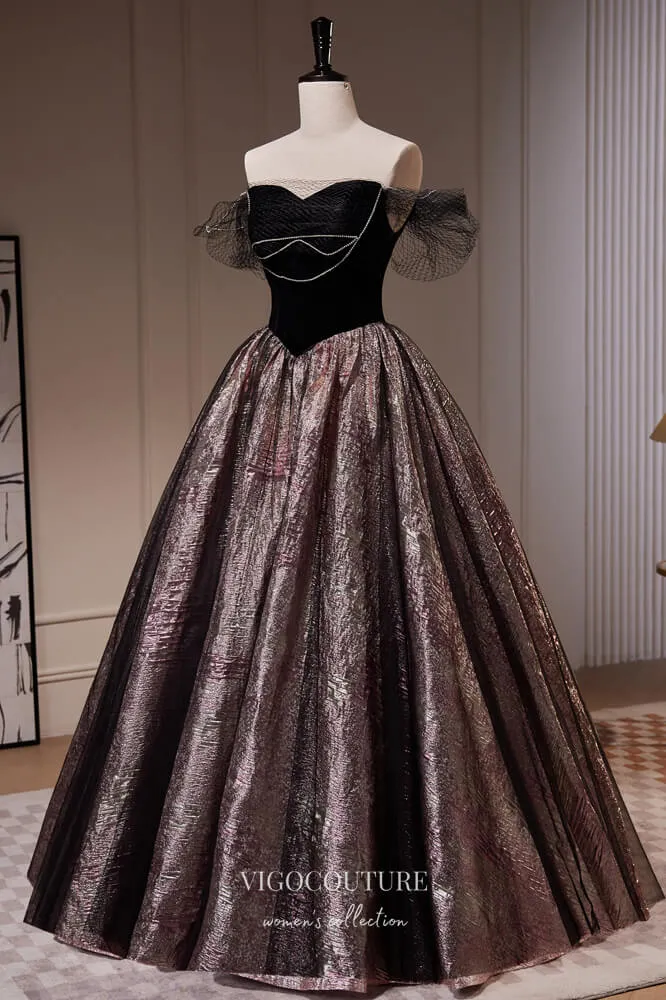 Black Jacquard Satin Prom Dresses Off the Shoulder Evening Dress 22388