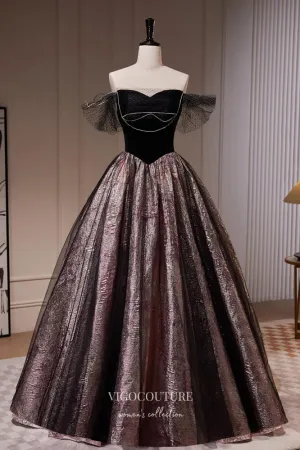 Black Jacquard Satin Prom Dresses Off the Shoulder Evening Dress 22388
