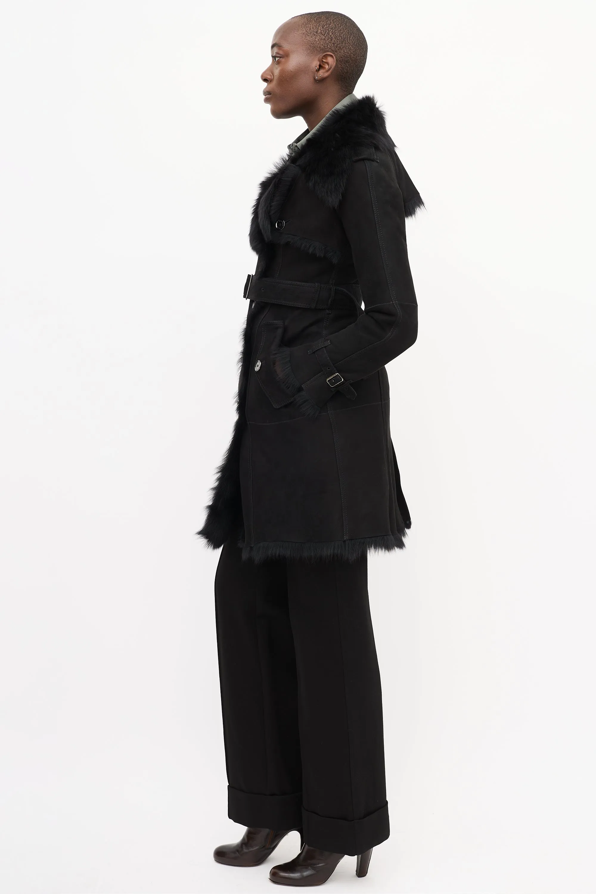 Black Suede & Shearling Double Breasted Trench Coat