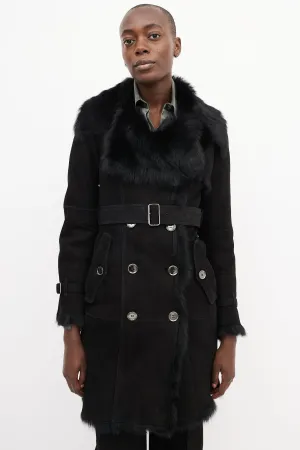 Black Suede & Shearling Double Breasted Trench Coat