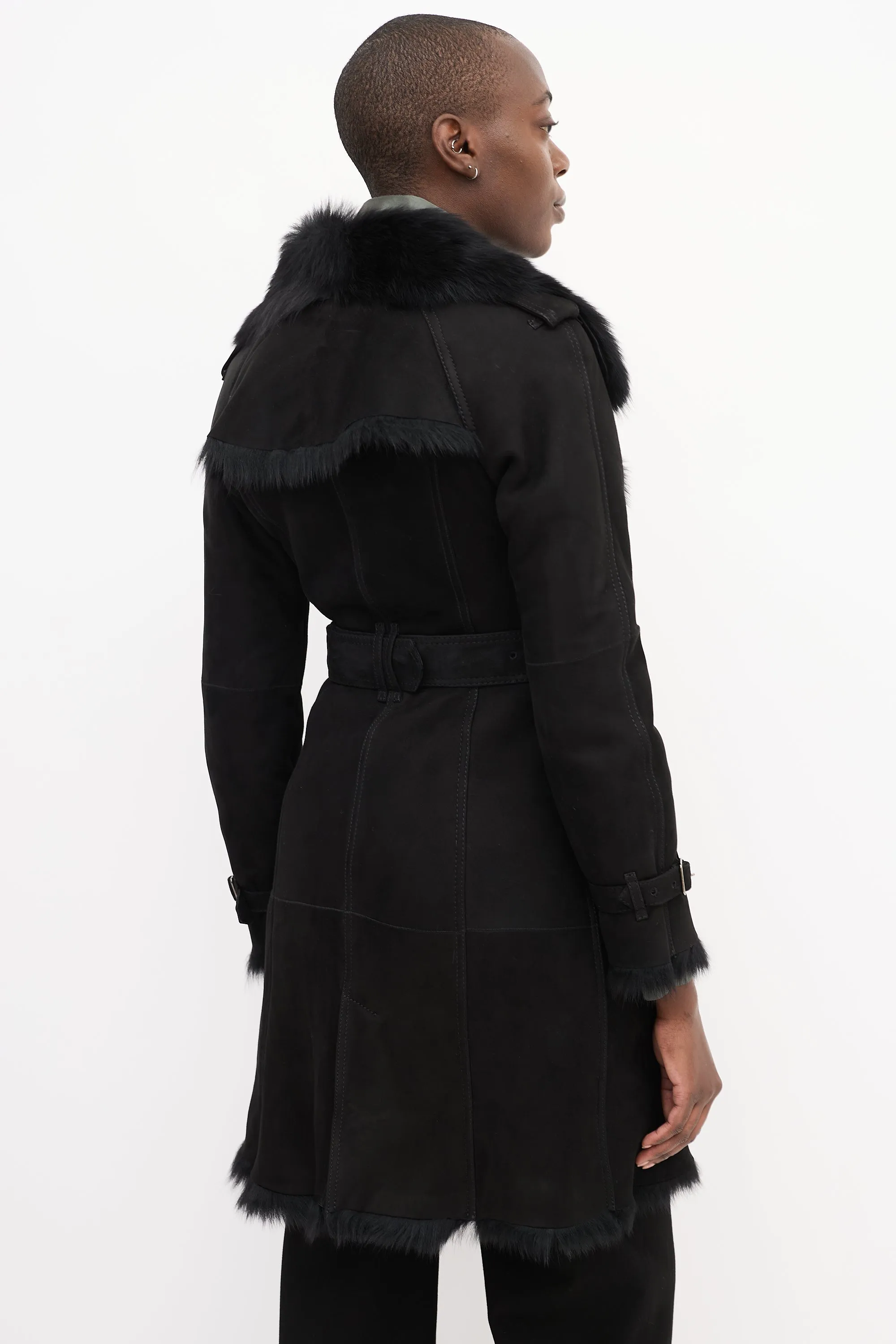 Black Suede & Shearling Double Breasted Trench Coat