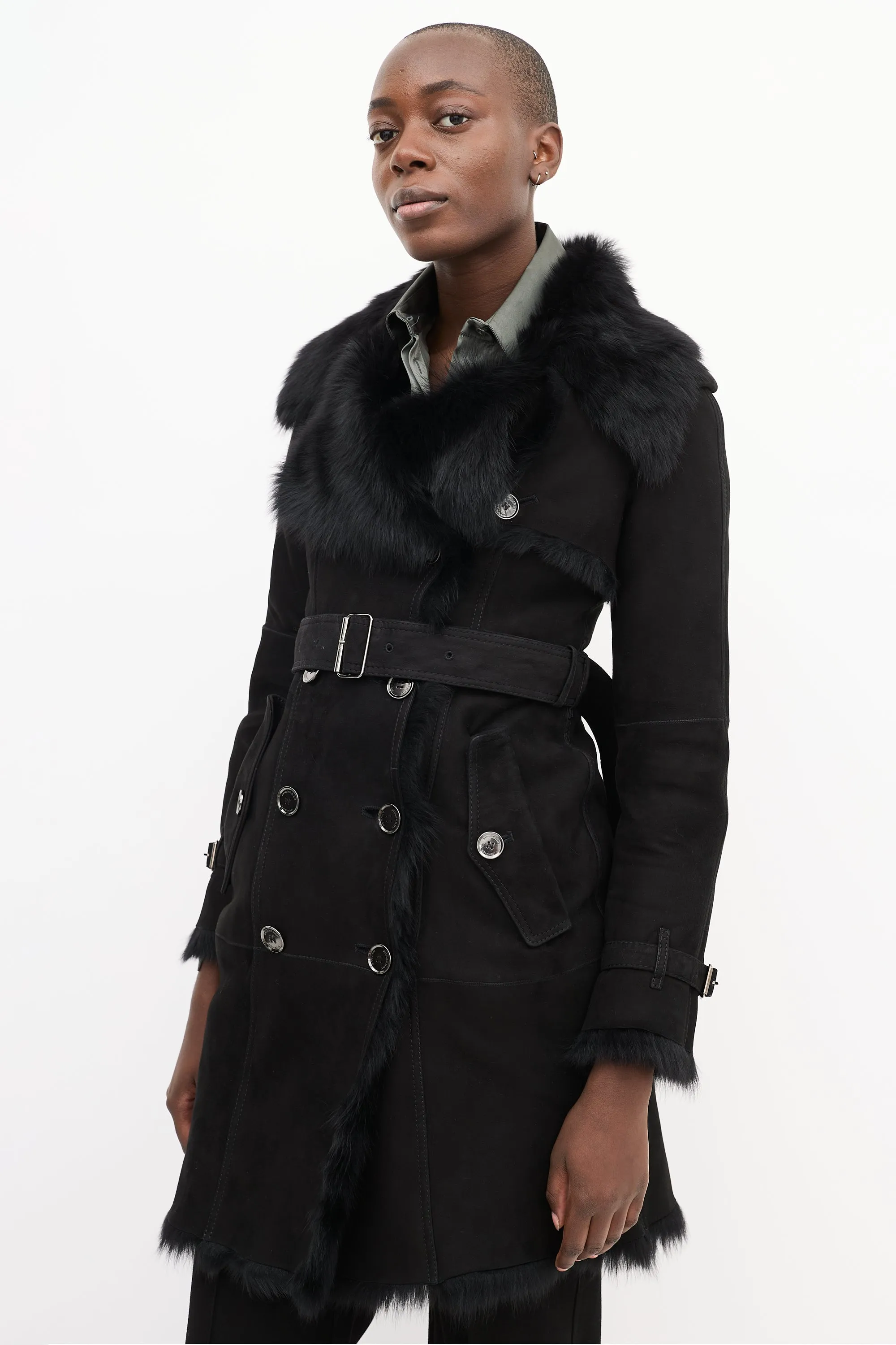 Black Suede & Shearling Double Breasted Trench Coat