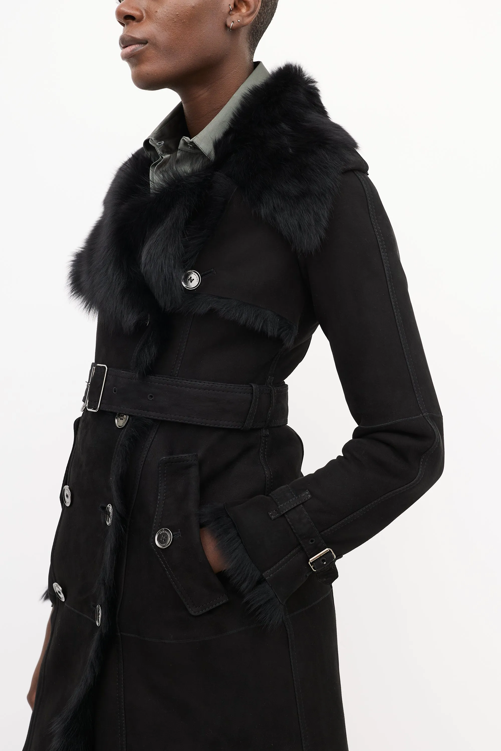 Black Suede & Shearling Double Breasted Trench Coat
