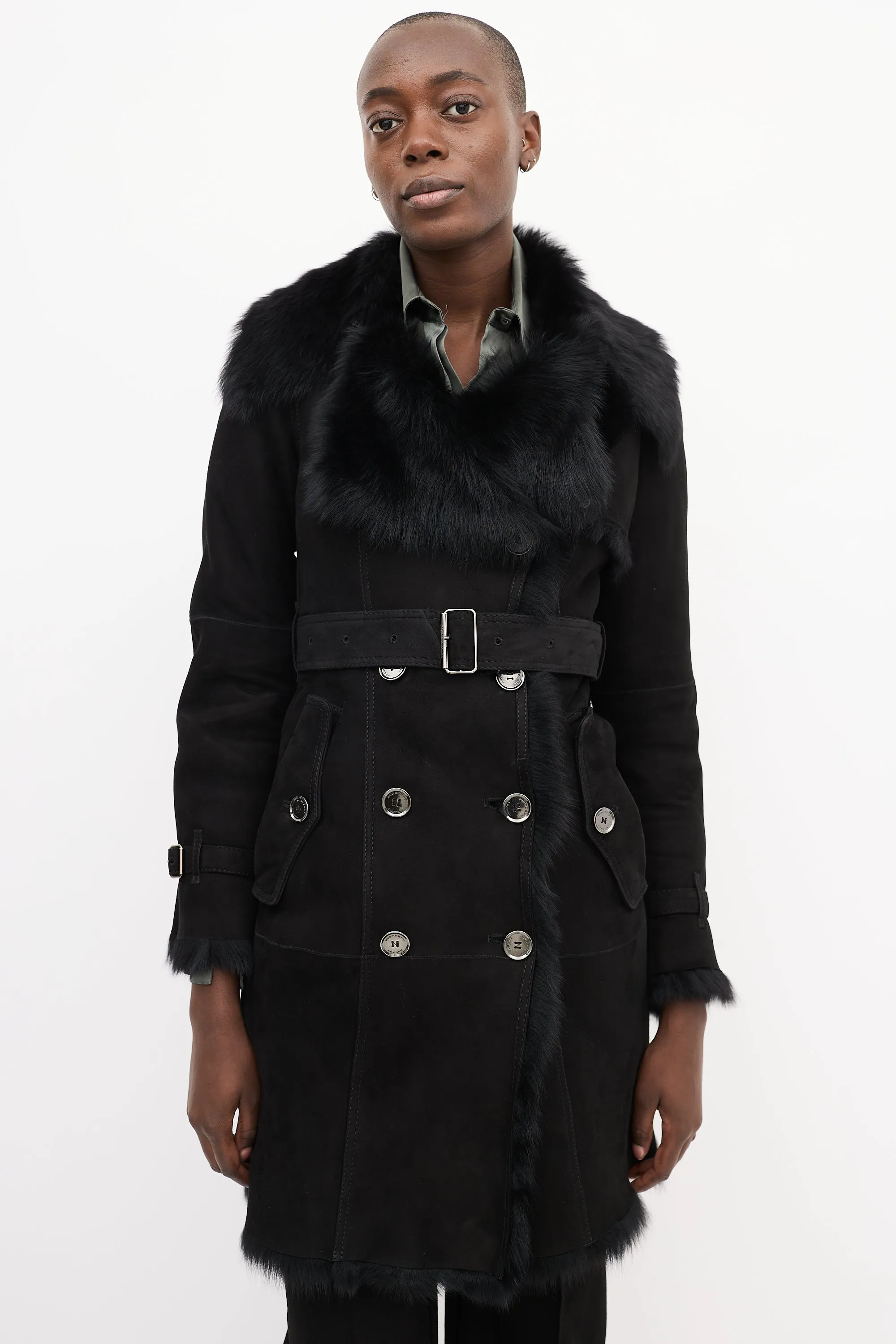 Black Suede & Shearling Double Breasted Trench Coat