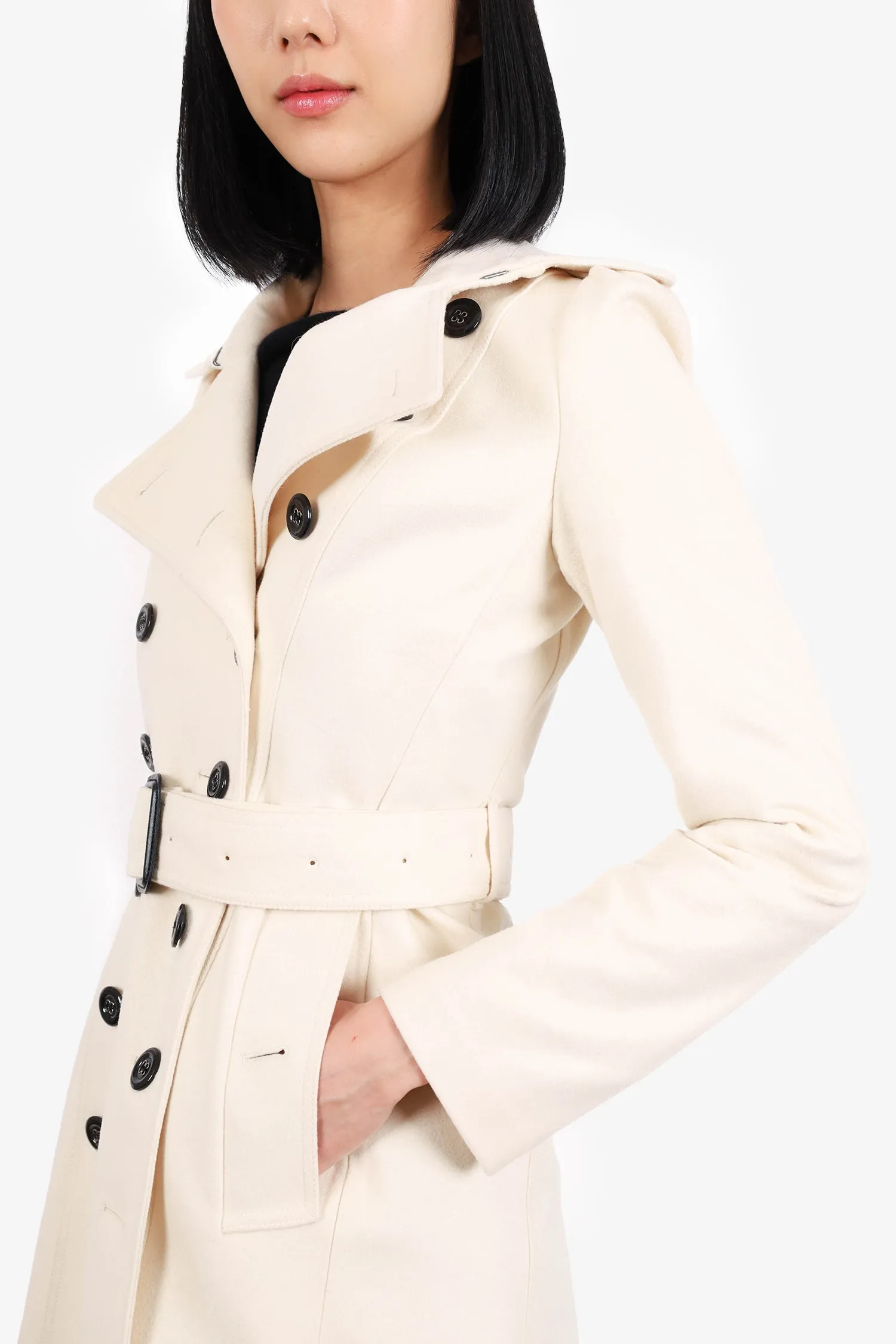 Burberry London Cream/Black Cashmere/Wool Double Breasted Coat Size 2