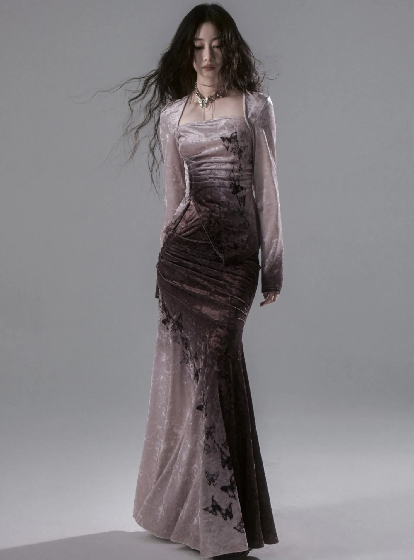 Butterfly print A-line velvet fishtail skirt