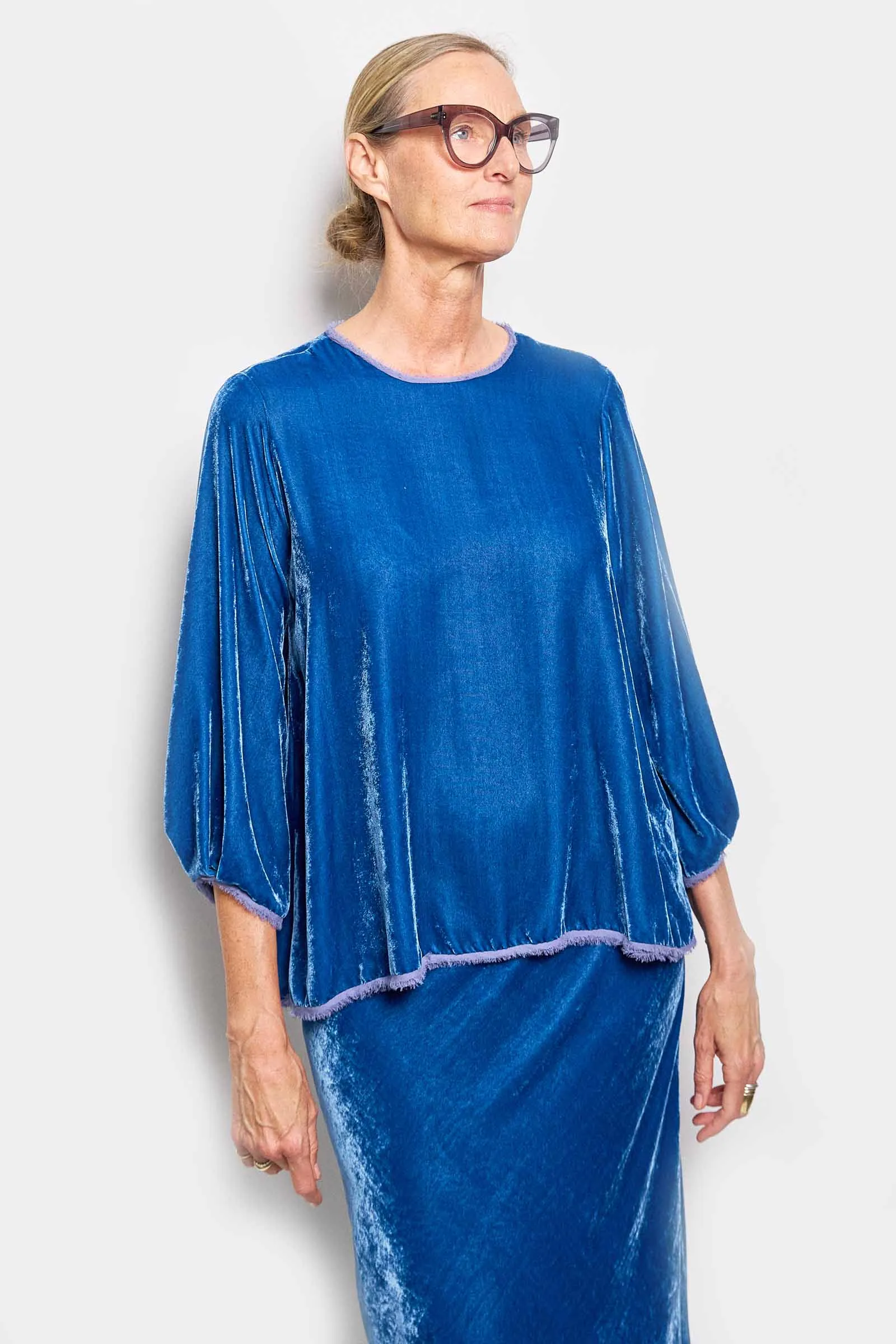 cara denim velvet bell sleeve top