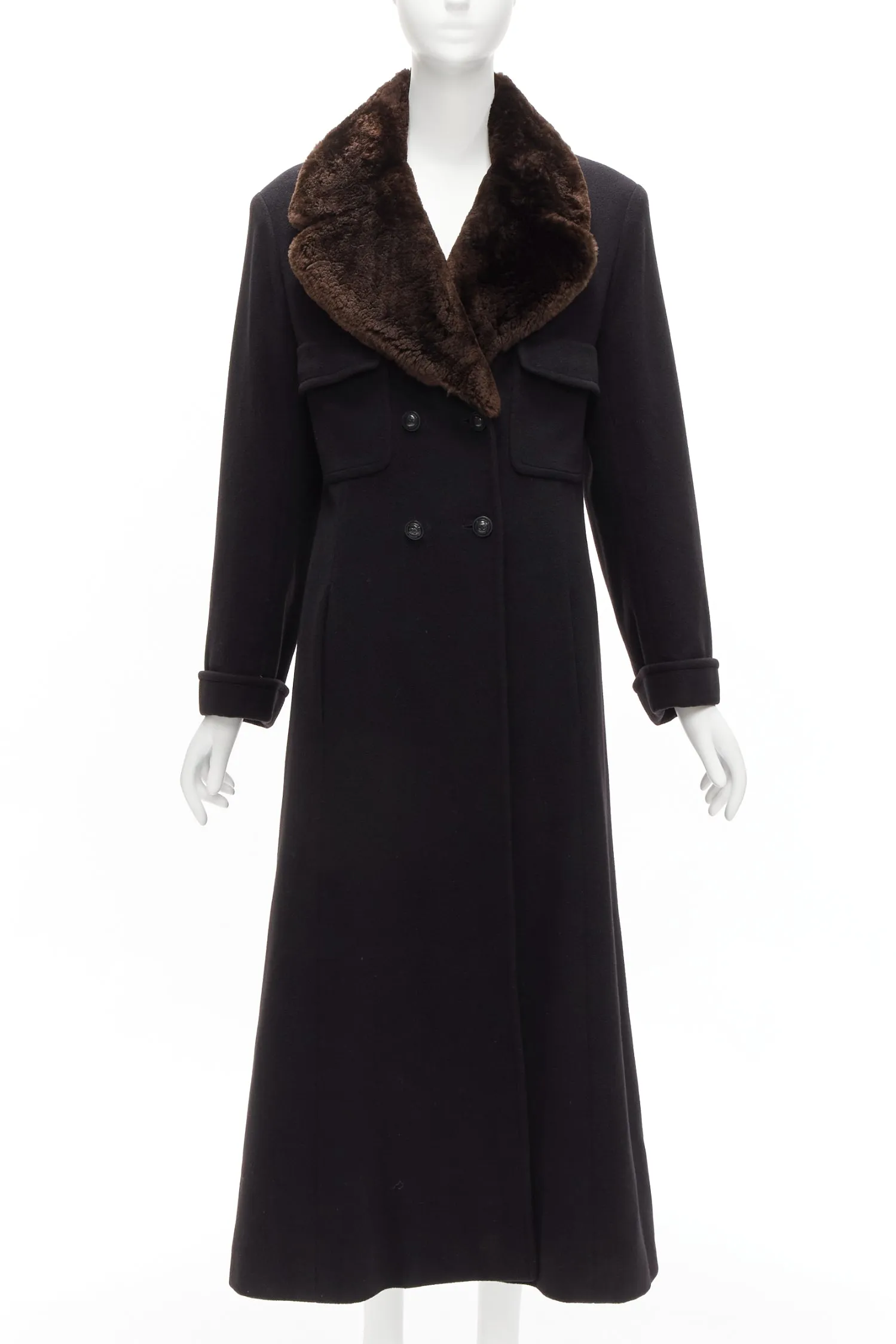 CHANEL Vintage 97A 100% cashmere brown fur collar A-line coat FR38 M