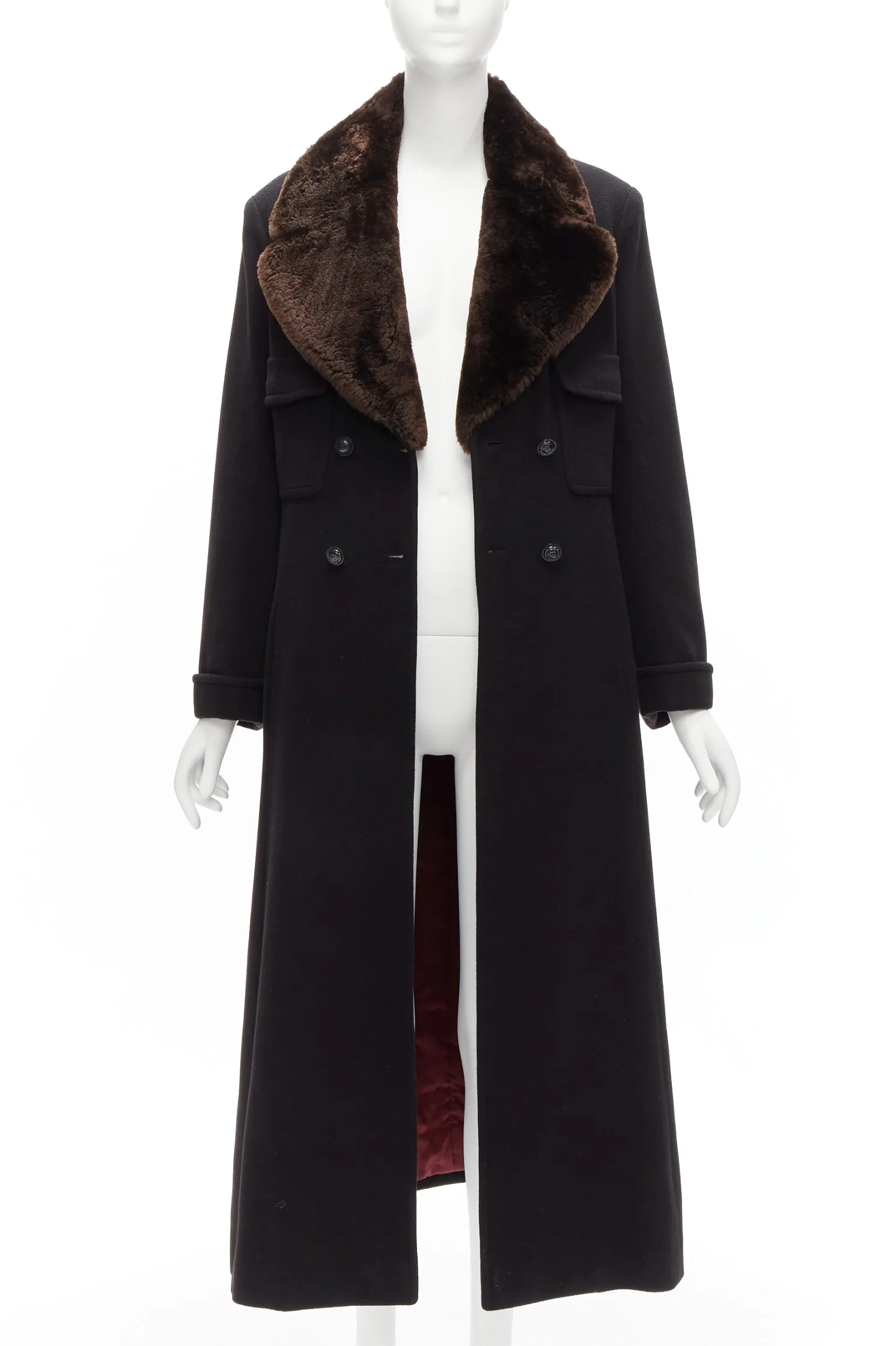 CHANEL Vintage 97A 100% cashmere brown fur collar A-line coat FR38 M