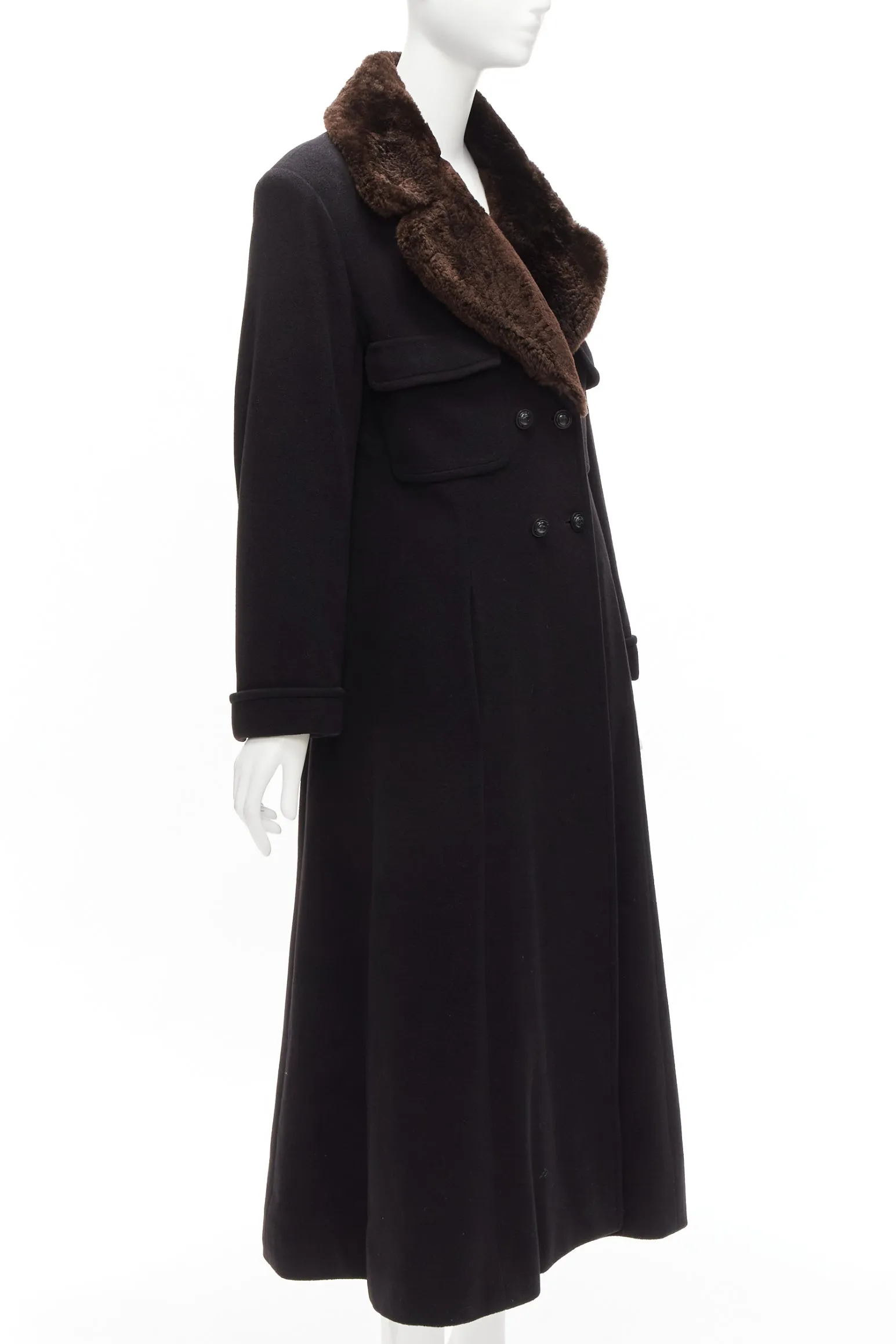 CHANEL Vintage 97A 100% cashmere brown fur collar A-line coat FR38 M