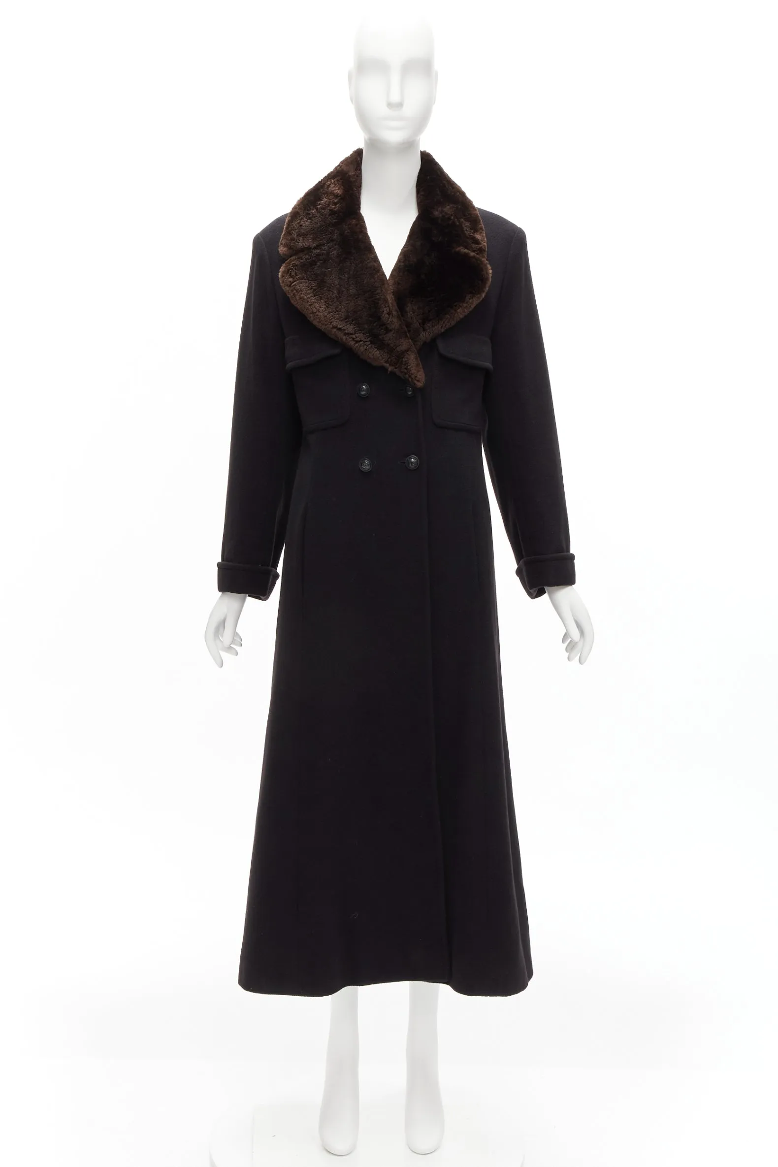 CHANEL Vintage 97A 100% cashmere brown fur collar A-line coat FR38 M
