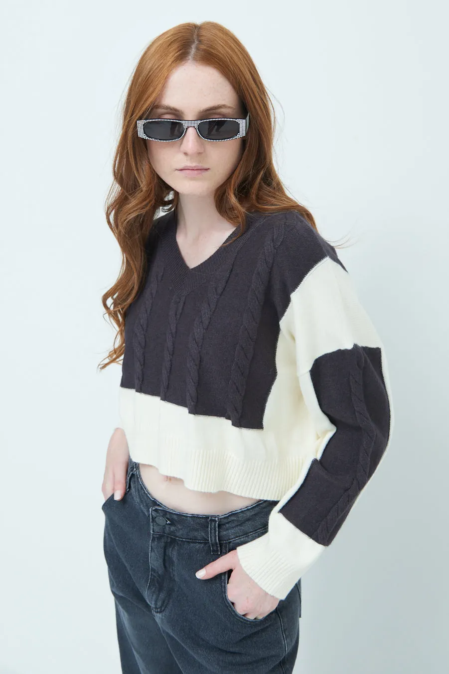 Chic cropped cable knit sweater wholesale