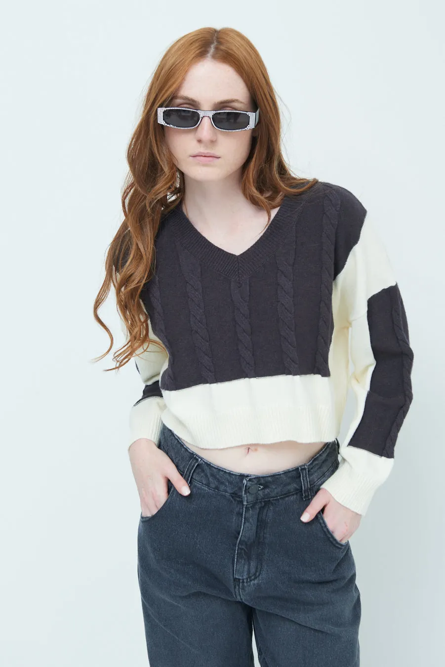 Chic cropped cable knit sweater wholesale