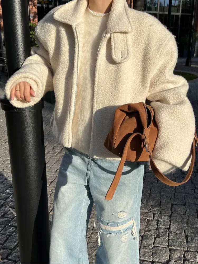 Chic Sherpa lambs wool fleece shearling jacket autumn coat winter warm jacket