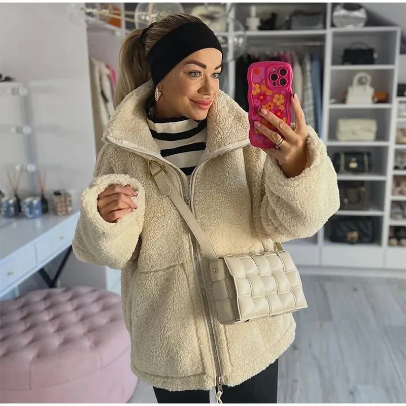 Chic Sherpa lambs wool fleece shearling jacket autumn coat winter warm jacket