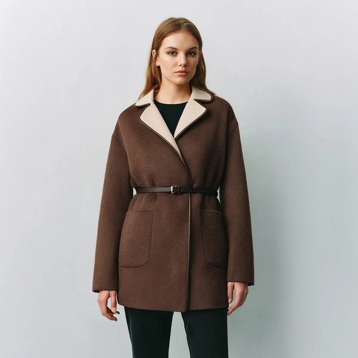 Classy High quality 70% Australian Wool cashmere reversible belted coat wrap coat