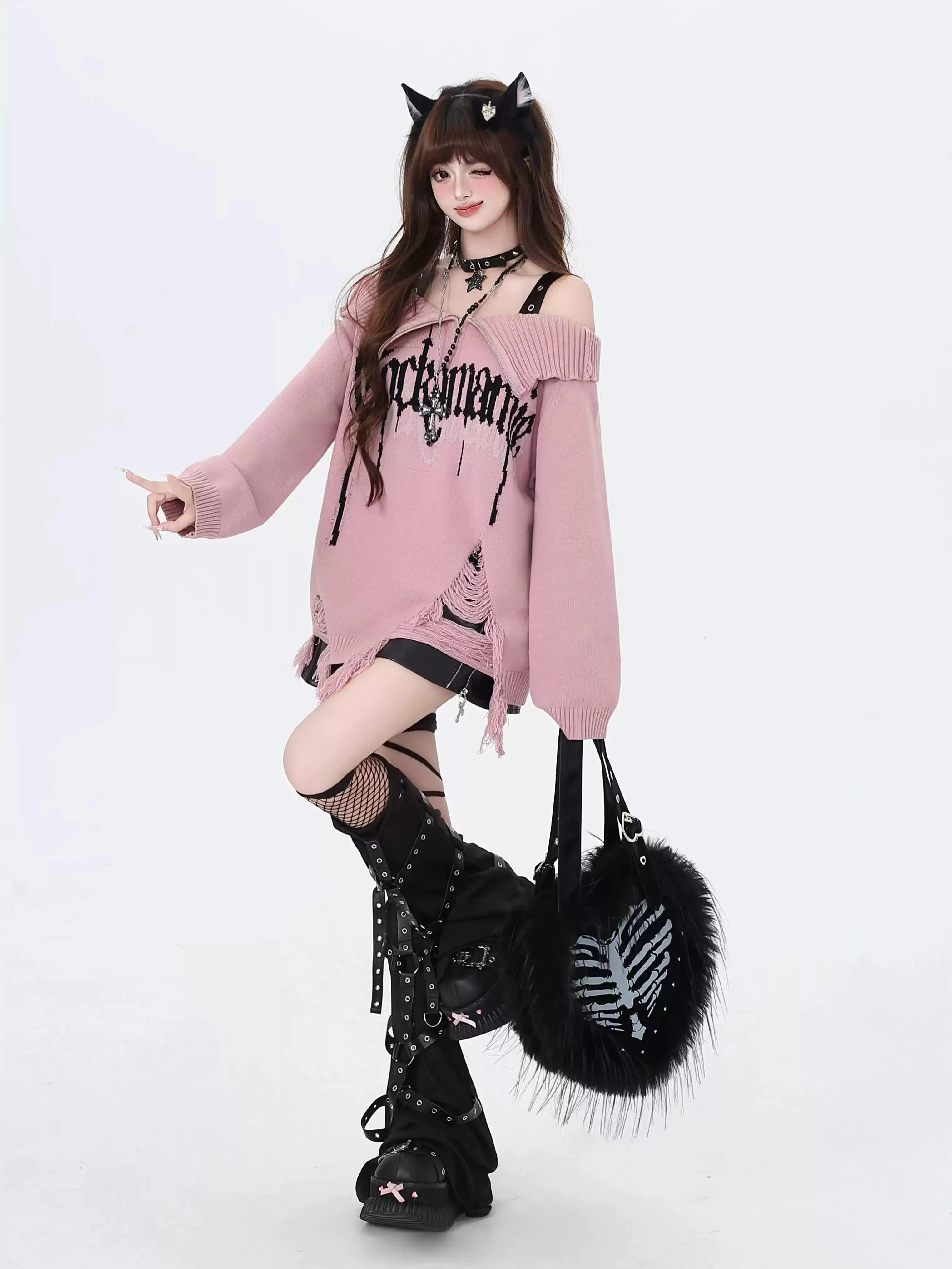 Crazy Girl Gothic Fragments Purple Black Pink Red Off Shoulder Sweater