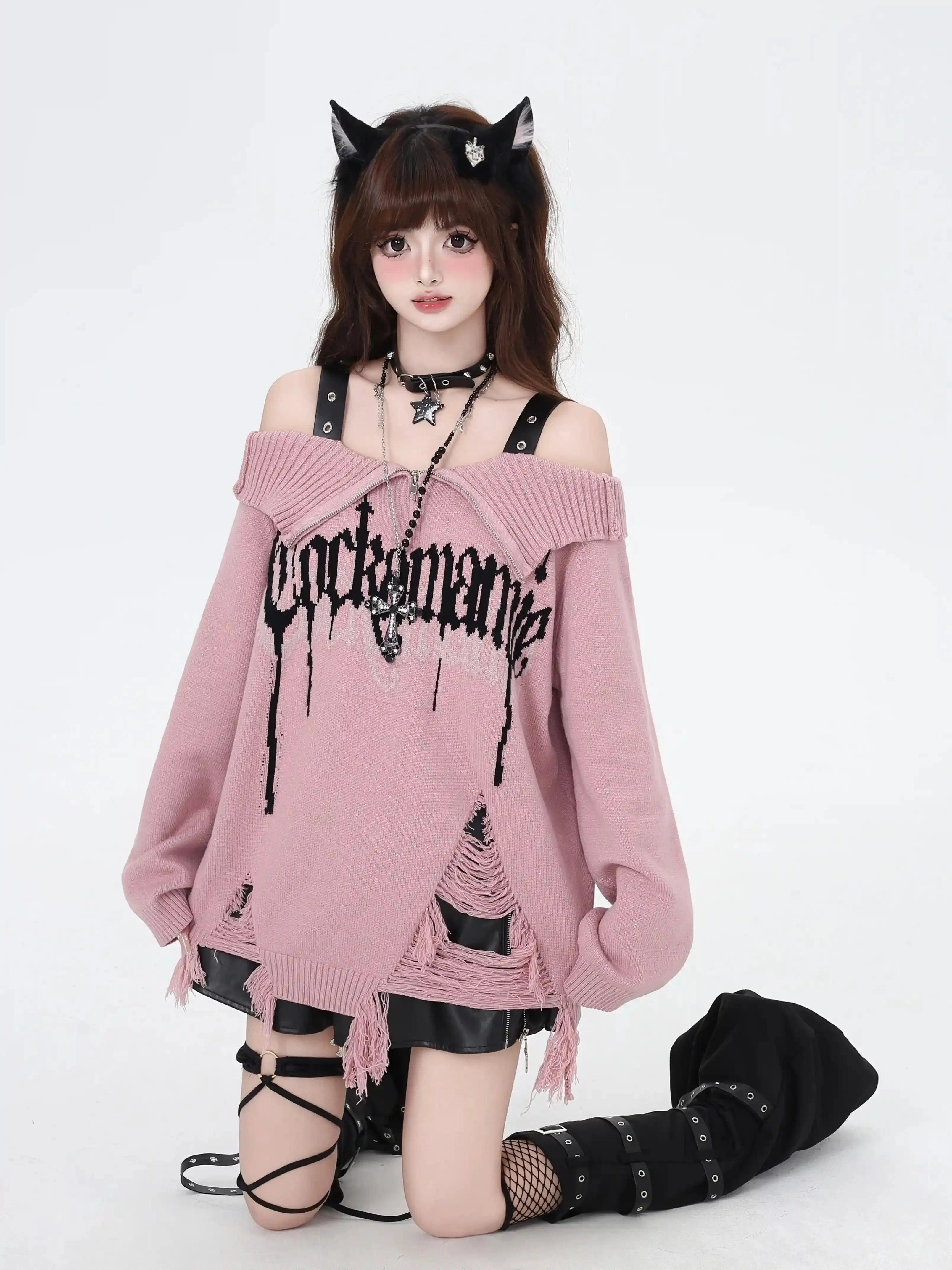 Crazy Girl Gothic Fragments Purple Black Pink Red Off Shoulder Sweater
