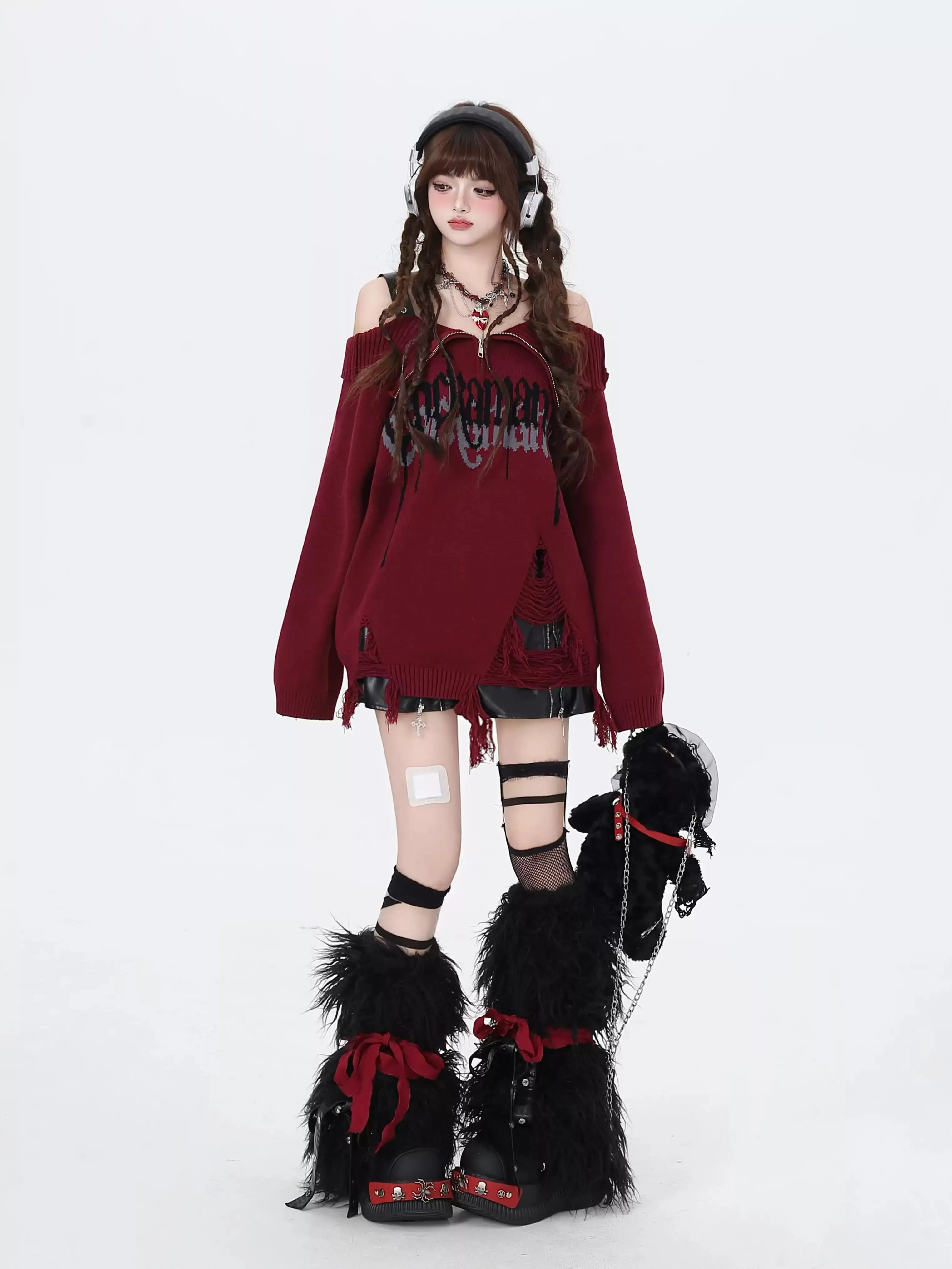 Crazy Girl Gothic Fragments Purple Black Pink Red Off Shoulder Sweater