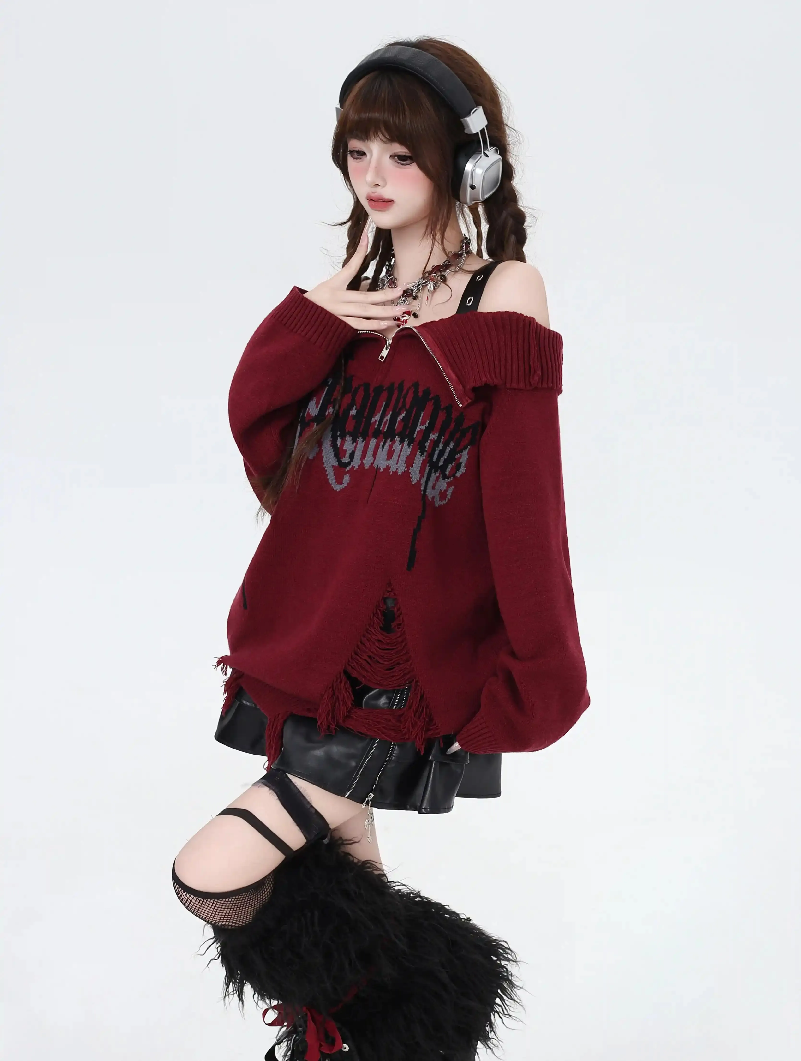 Crazy Girl Gothic Fragments Purple Black Pink Red Off Shoulder Sweater