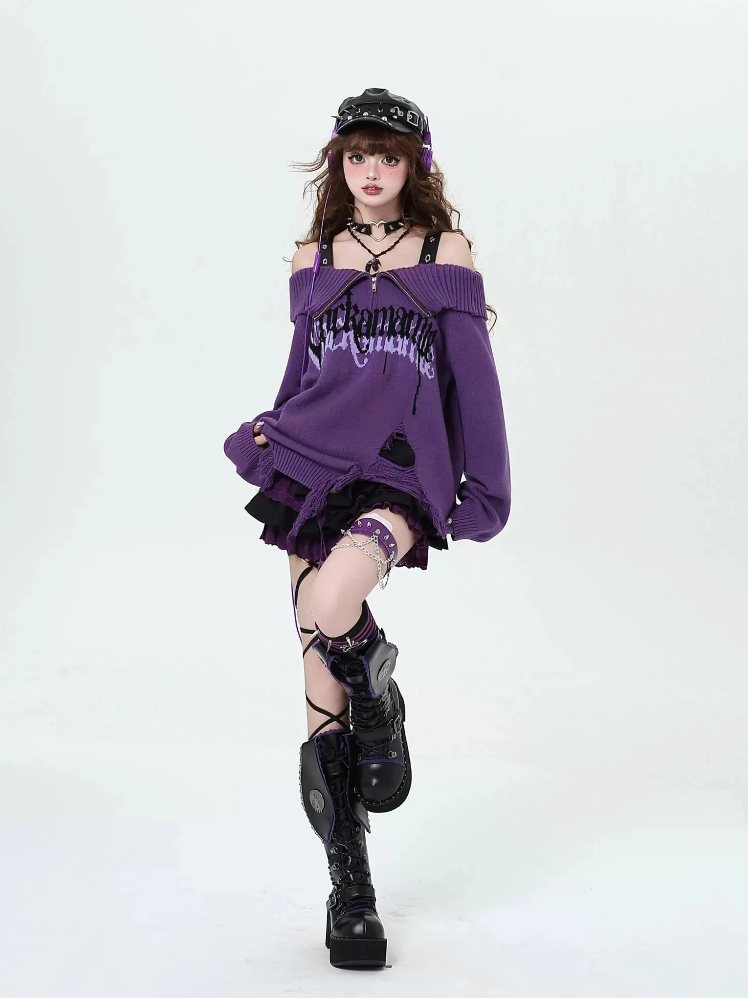 Crazy Girl Gothic Fragments Purple Black Pink Red Off Shoulder Sweater